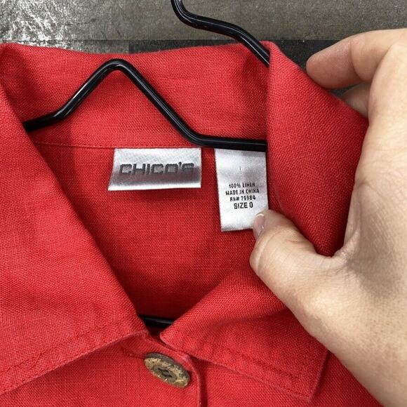 Chico’s Women’s Button Down Collared Jacket Size 0/M/4 Red 100% Linen Shacket - Picture 5 of 6